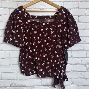 OLM medium floral blouse - cinched waist with tie - short pleated sleeves - NWT